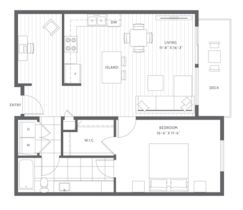 Floor plan for 1 bed, 1 bath, 893 sqft